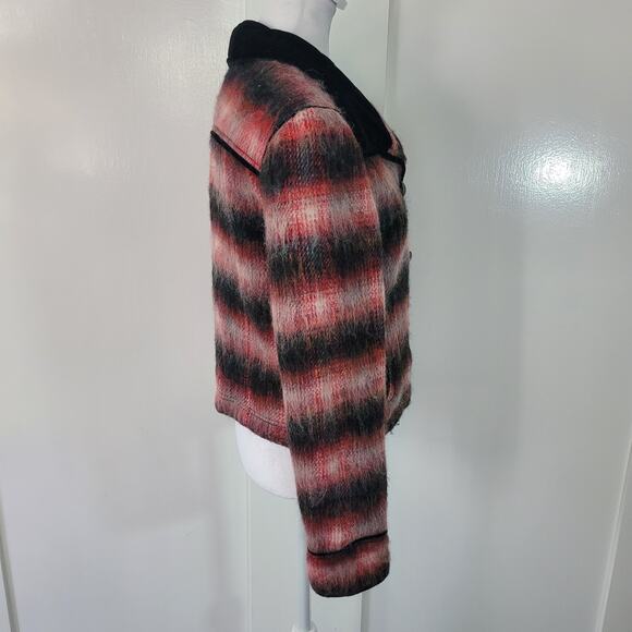 Free People Size EST S Red Wool Jacket Plaid Military Black Velvet Trim - Picture 8 of 15